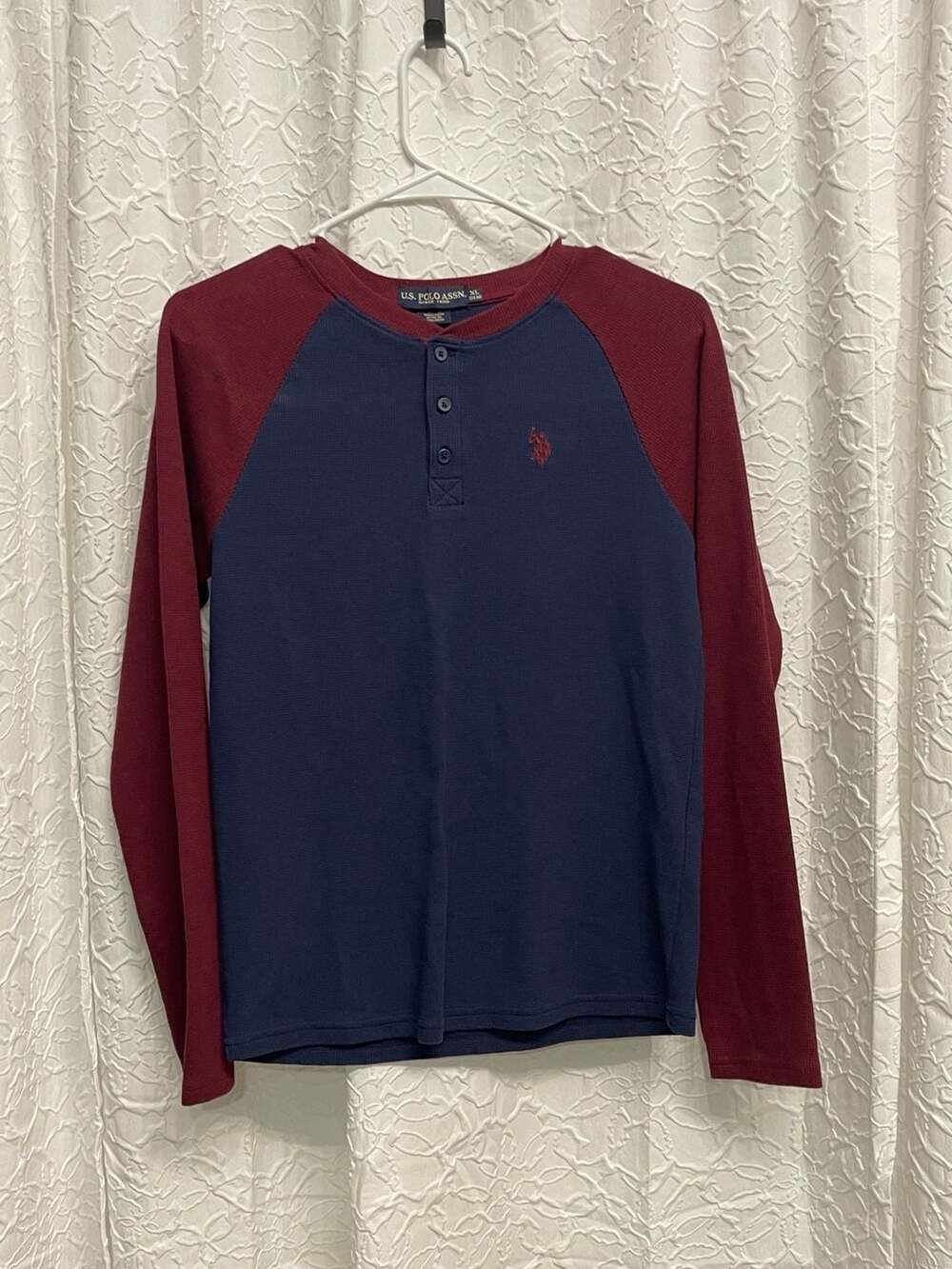 U.S. Polo Assn. Long Sleeve Thermal Henley Size XL (14-16) Blue Red Raglan